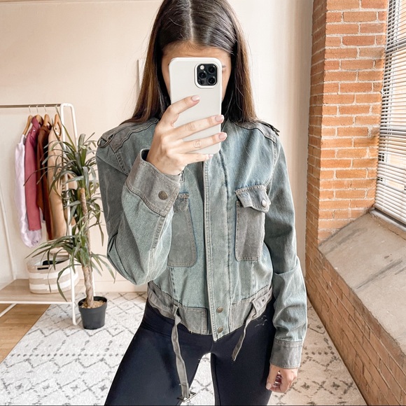 See by Chloe Distressed Military Leather Trim Jean Jacket - Picture 4 of 7